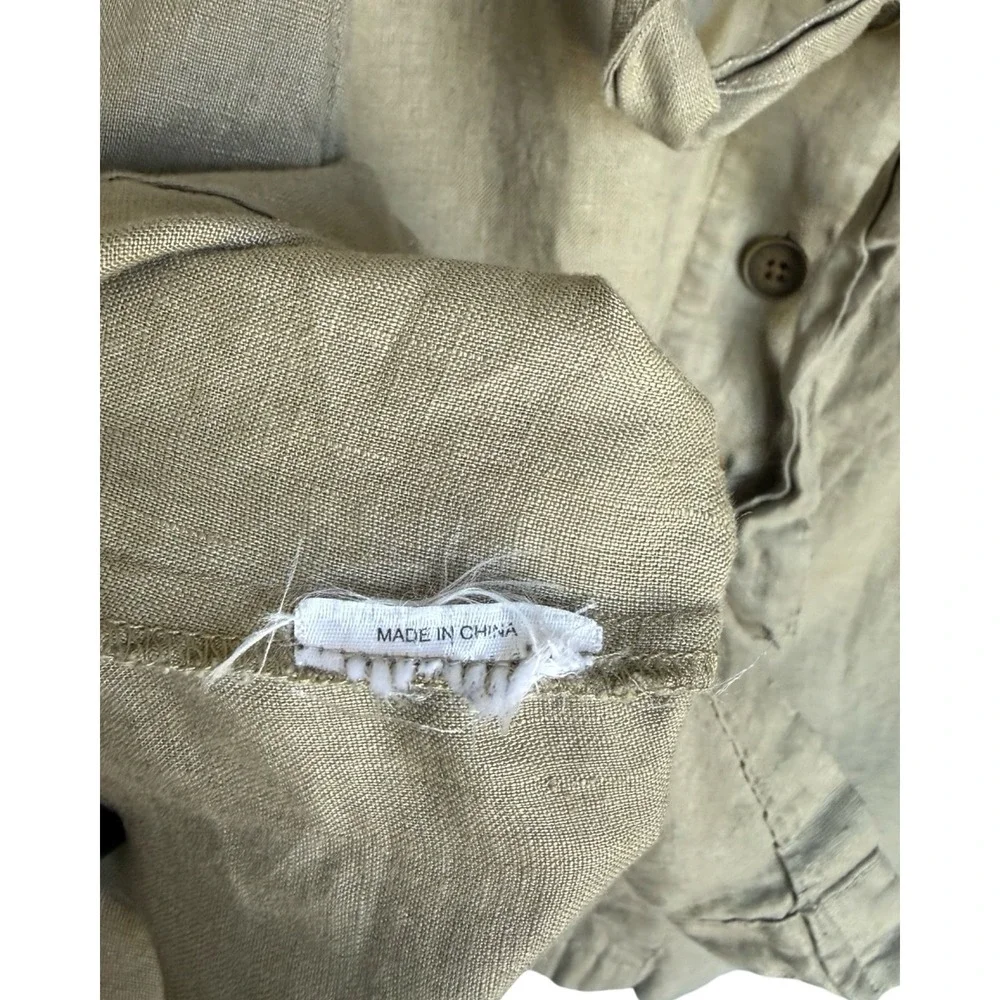 Quince Linen Button Front Shirt Dress Olive Green Short Sleeve Tie Waist XL